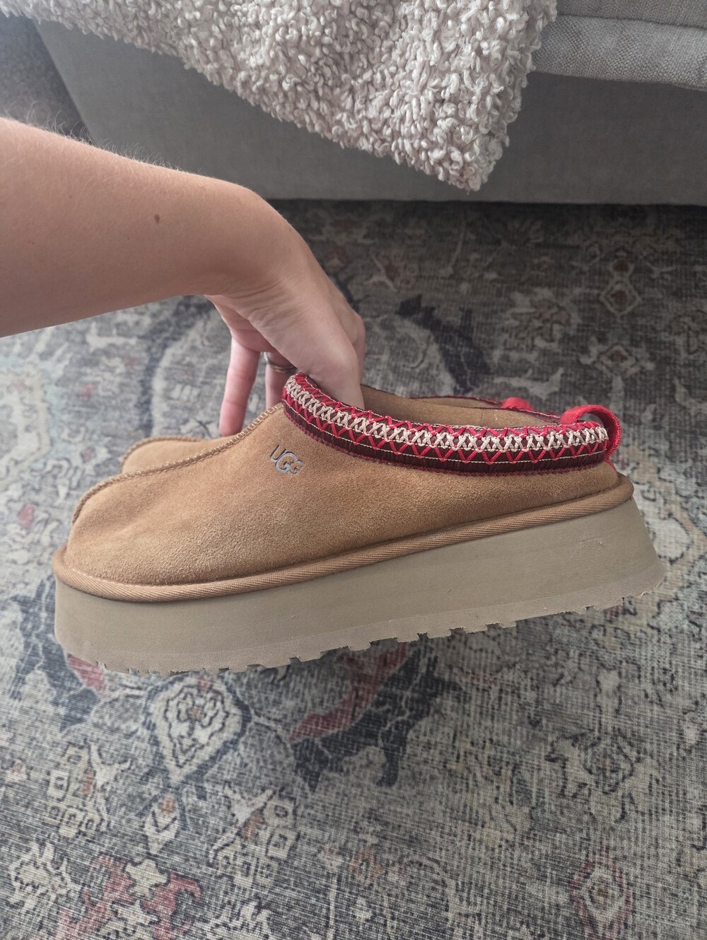 UGG Chestnut Suede Slip-On Platform Clog with Red Trim